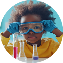 Criança explorando um experimento de ciências.