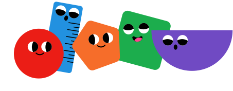 Os cinco mascotes geométricos da ALFABI, nas cores azul, vermelho, verde, laranja e roxo.